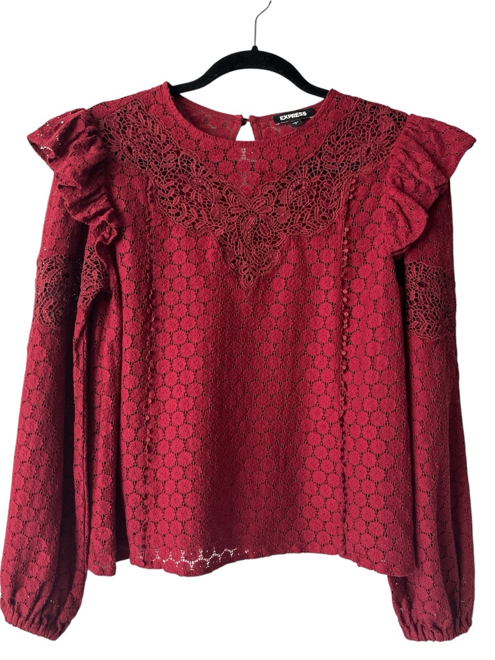 Express Wine Red Lace Ruffle Long Sleeve Top S Romantic